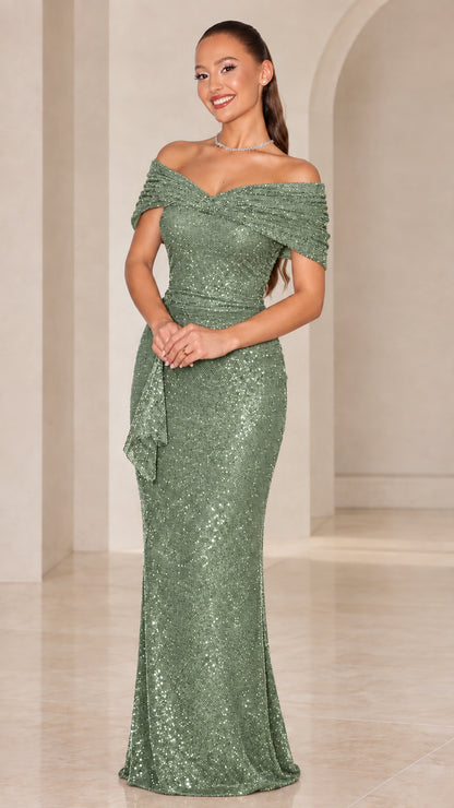 Model wearing shimmering sage green off-the-shoulder sequined evening gown