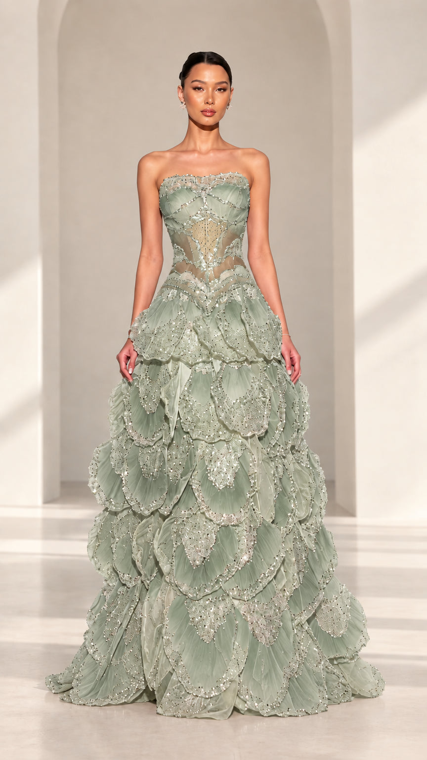 Front view of strapless beaded corset petal evening gown in Sage Green