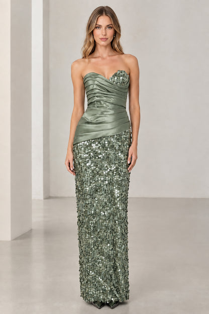Model wearing sage green strapless ruched satin sequined formal dress