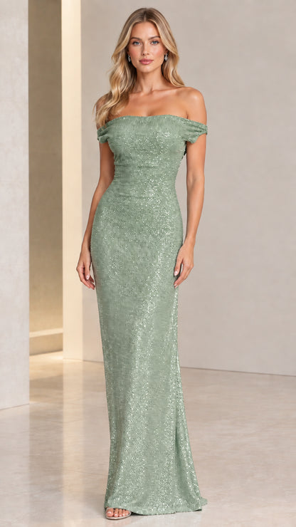 Model wearing a sage green shimmering off-the-shoulder formal maxi dress