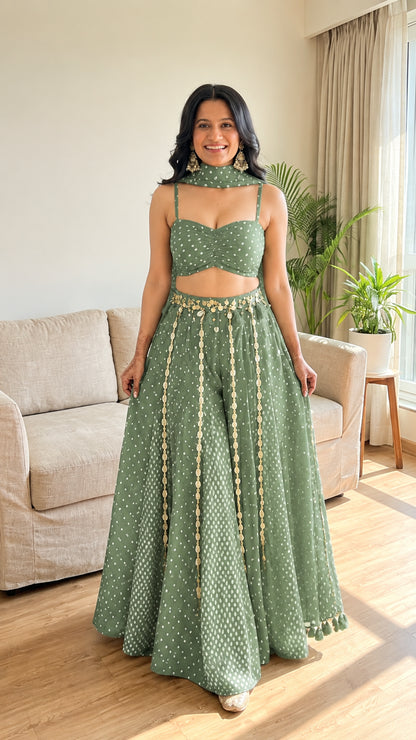 Sage green bandhani print crop bustier and flared lehenga skirt set