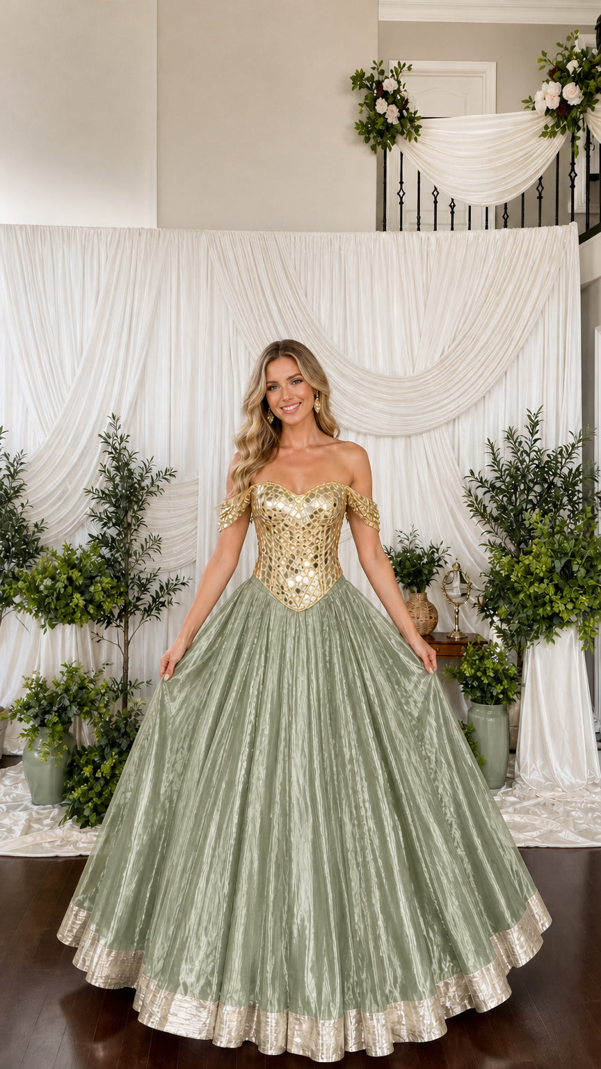 Model wearing sage green pleated ball gown with gold embellished bodice