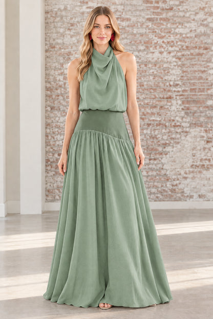 Sage green cowl halter neck pleated evening gown