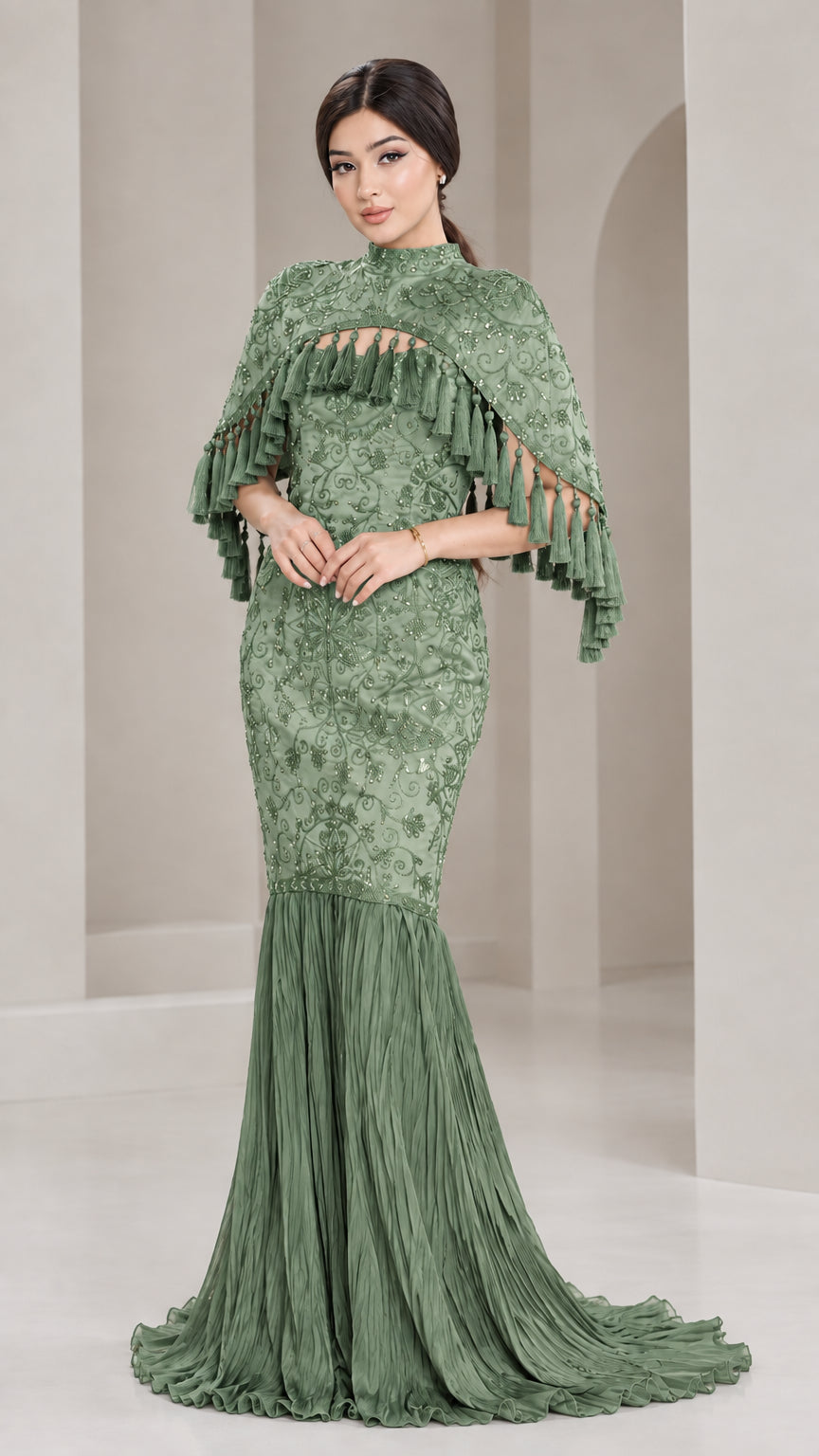 Front view of model wearing Sage Green high-neck capelet formal gown