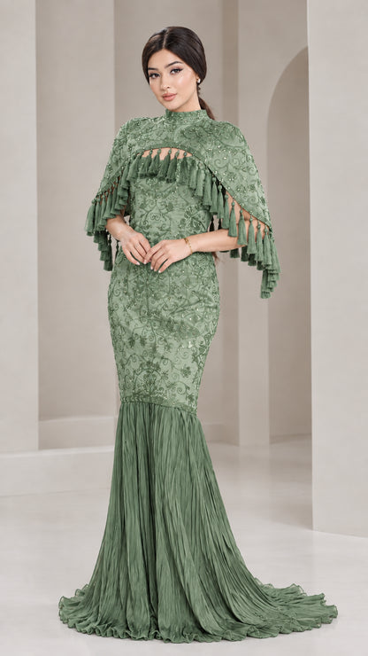 Front view of model wearing Sage Green high-neck capelet formal gown