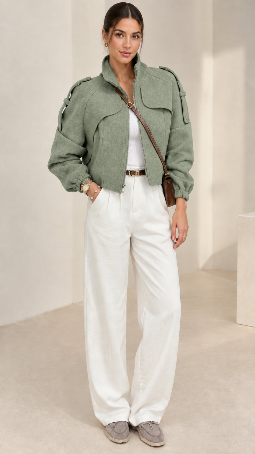 Sage green cropped stand collar jacket styled with white pants