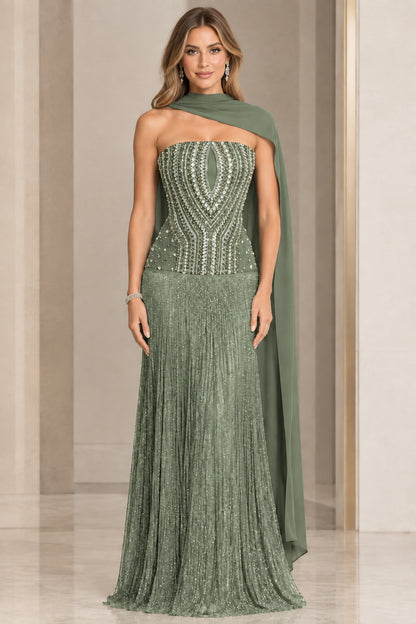 Sage green strapless beaded corset evening gown with chiffon cape
