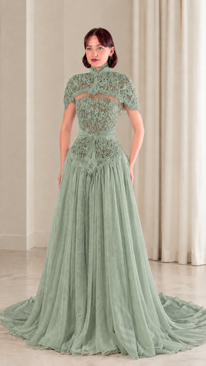 Sage green high neck lace chiffon formal gown
