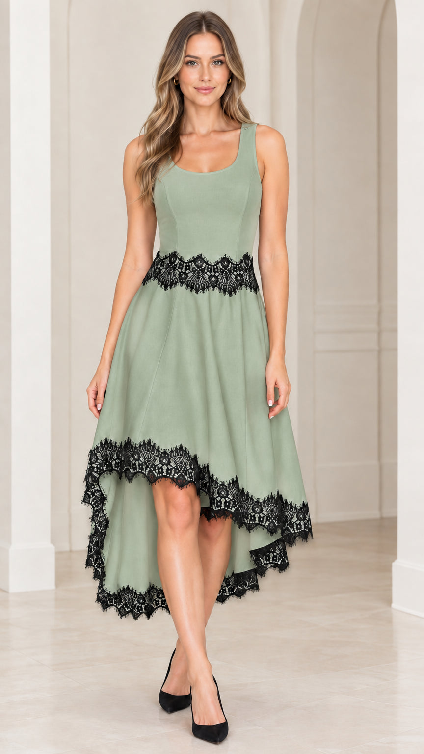 Front view of sage green sleeveless high-low cocktail dress with black lace waist and hem