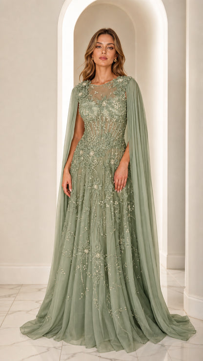 Sage green embroidered cape evening dress for formal occasions