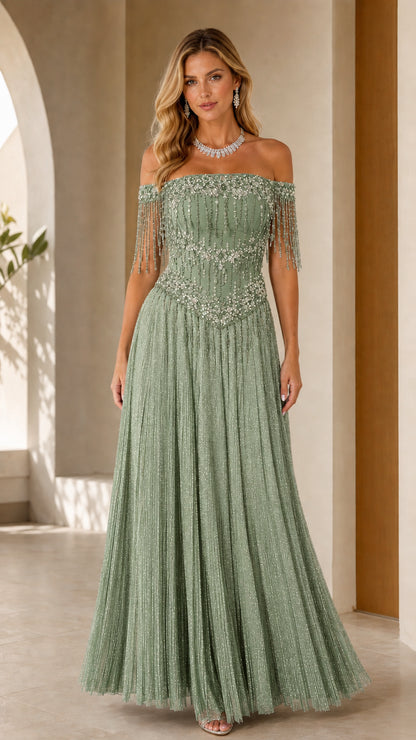 Sage green off-the-shoulder beaded fringe evening gown