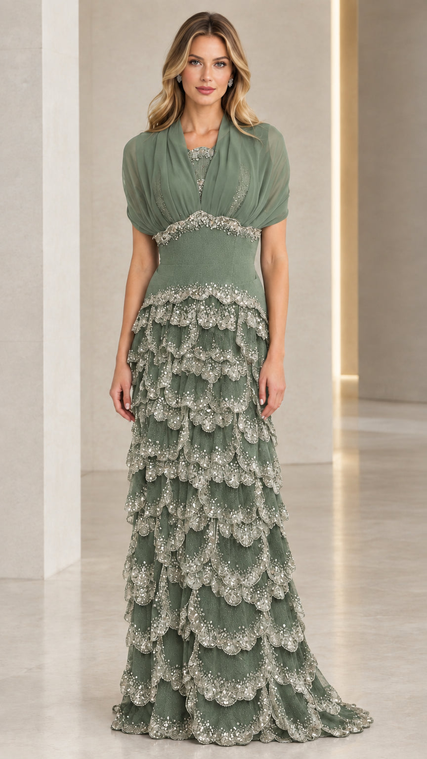 Sage green tiered sequin formal gown with draped short sleeves