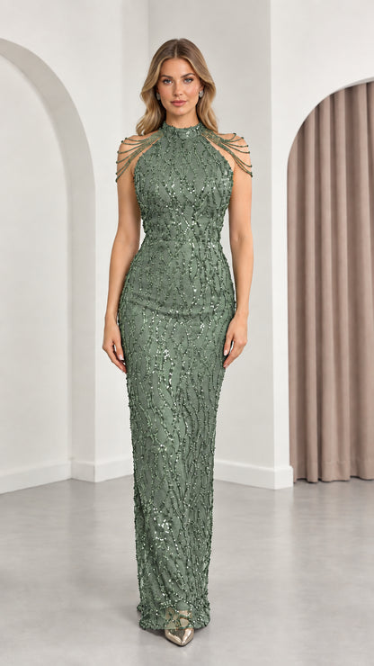 Sage green sequin floor-length formal dress with draped beaded shoulders