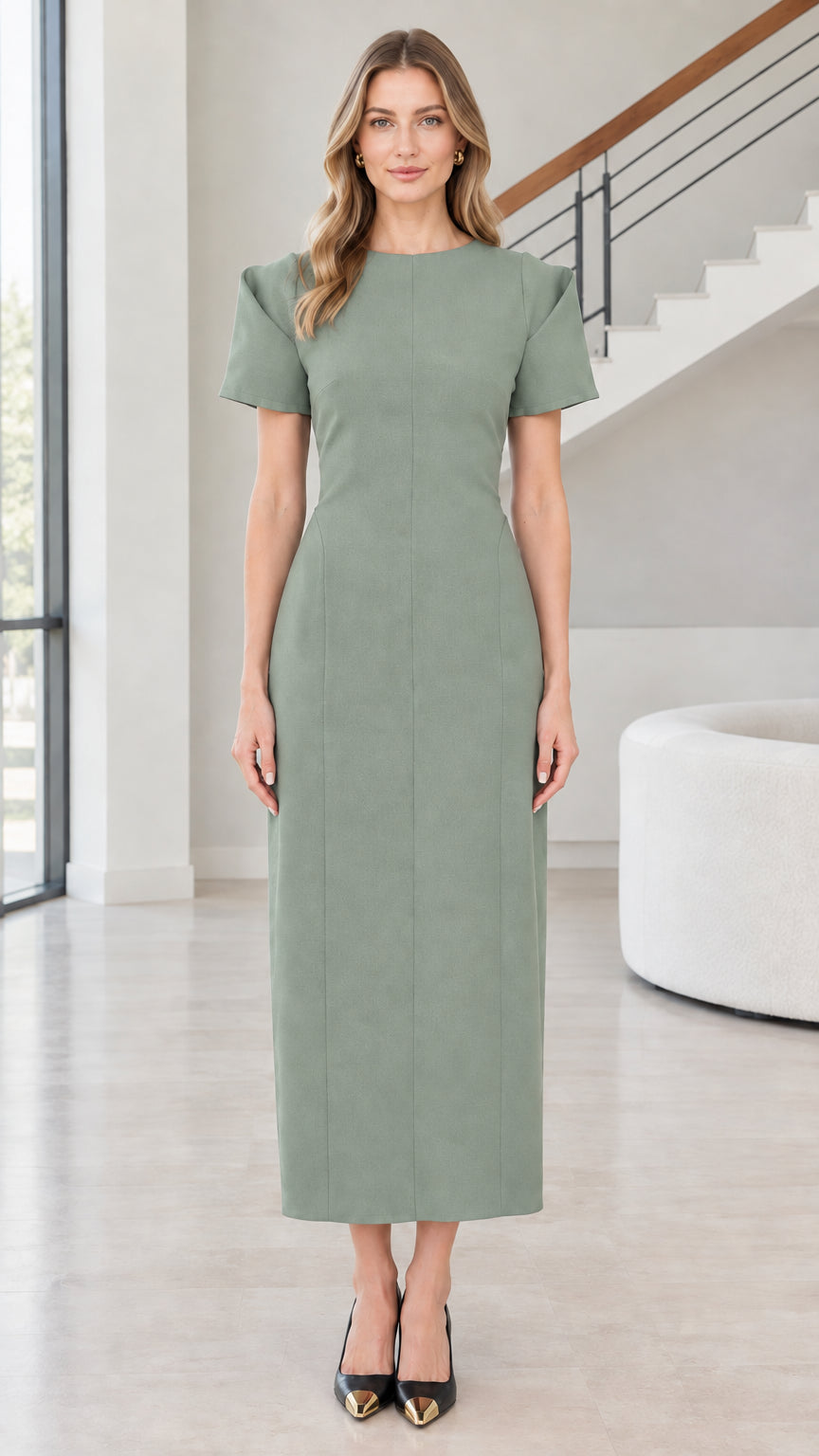 Front view of woman wearing Sage Green short sleeve column maxi dress