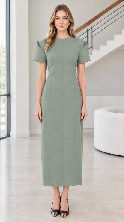 Front view of woman wearing Sage Green short sleeve column maxi dress