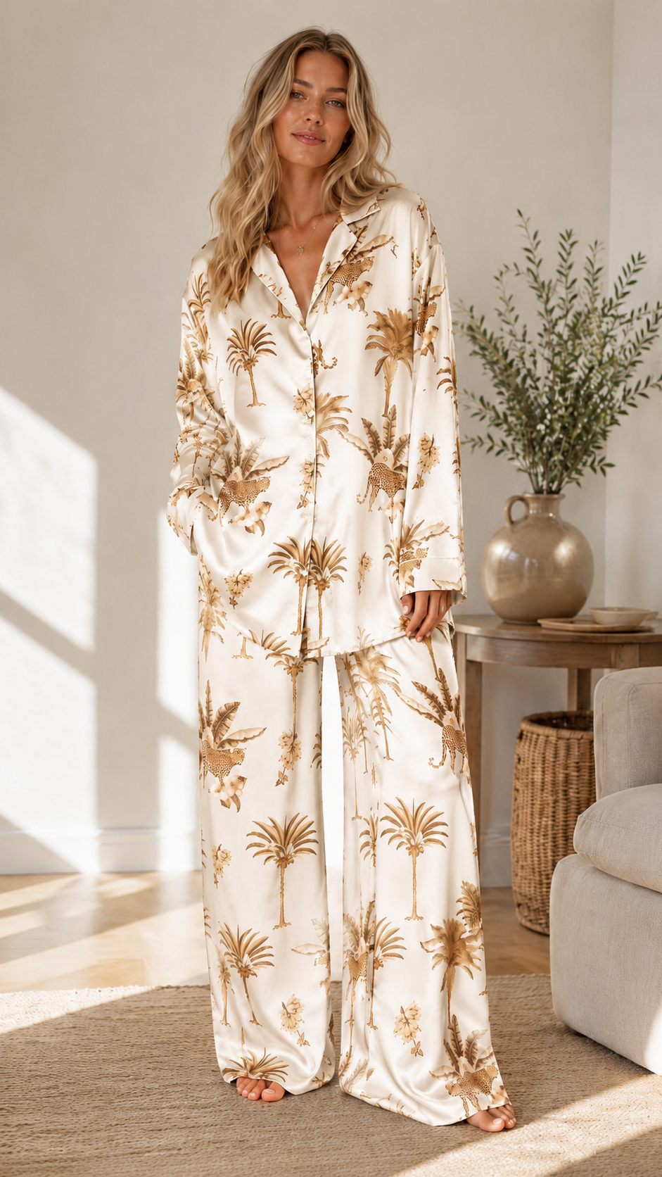 Woman wearing ivory tropical print satin-look pajama set with relaxed shirt and full-length pants