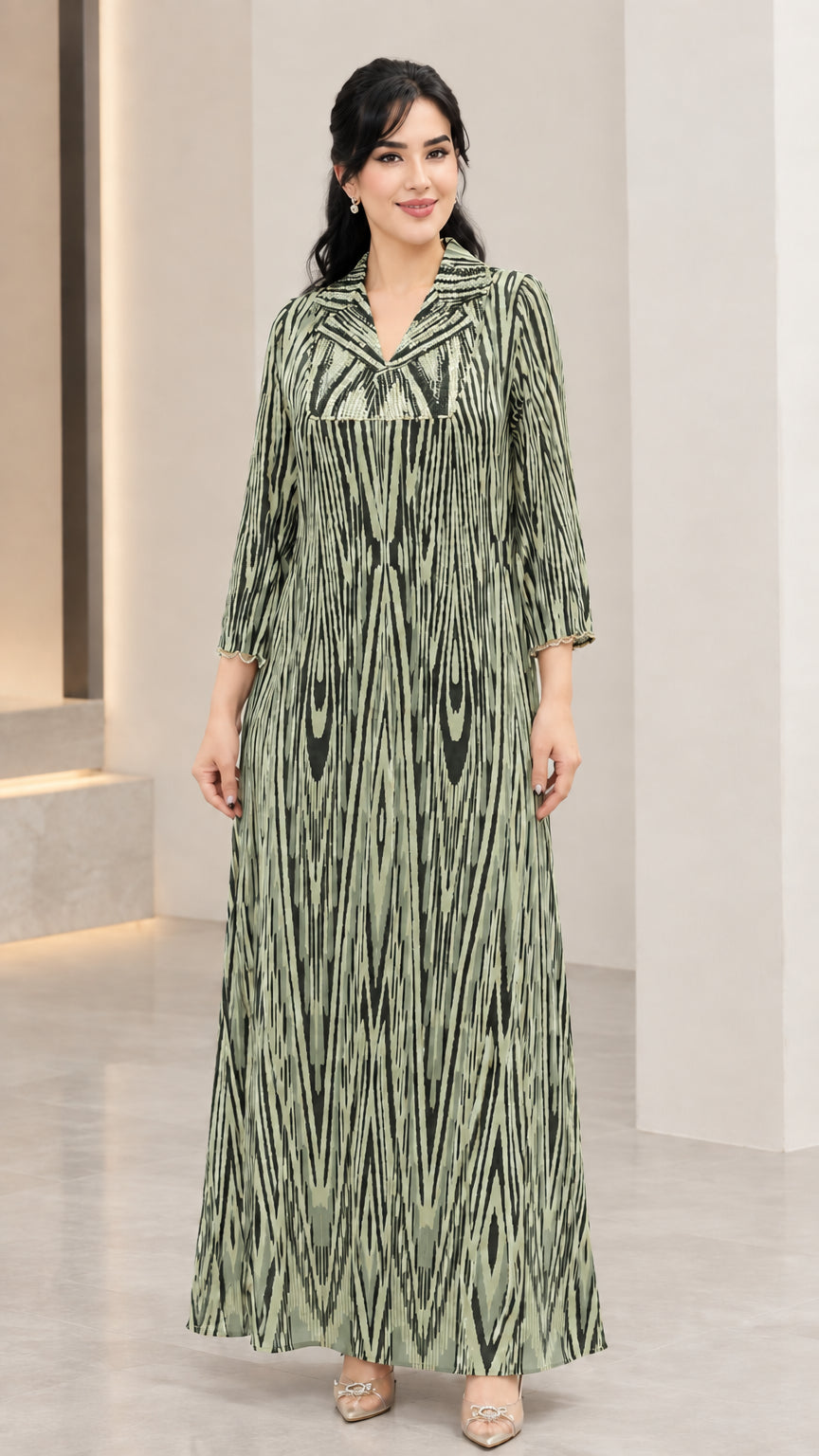 Sage green printed long sleeve maxi dress with sequined neckline