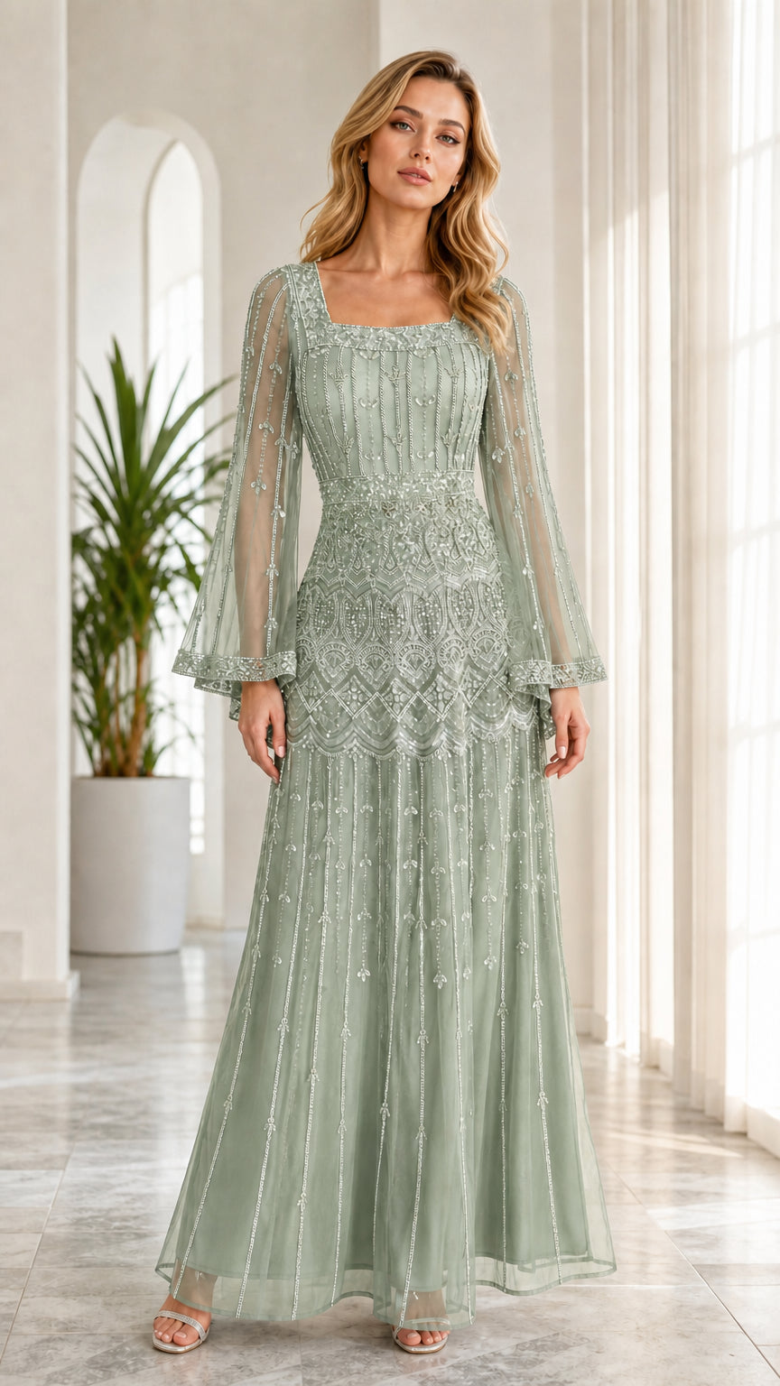 Model wearing sage green beaded square neck evening gown