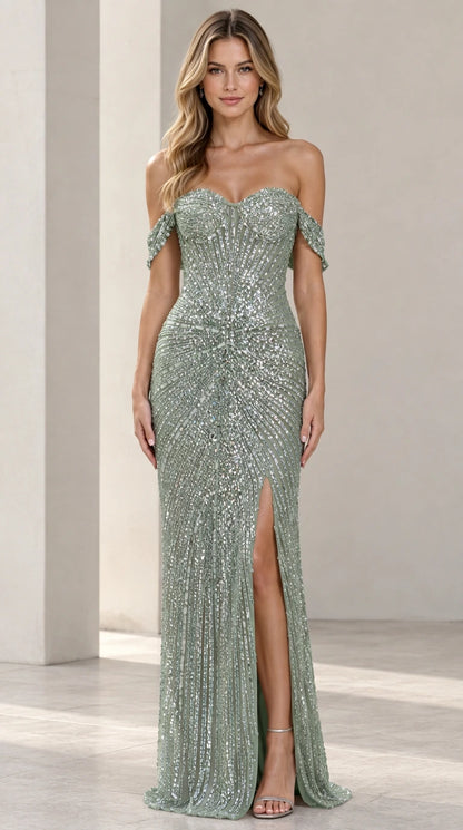 Model wearing Sage Green beaded sweetheart neckline evening gown
