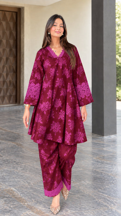 Front view of burgundy wine floral print two-piece tunic and pant set