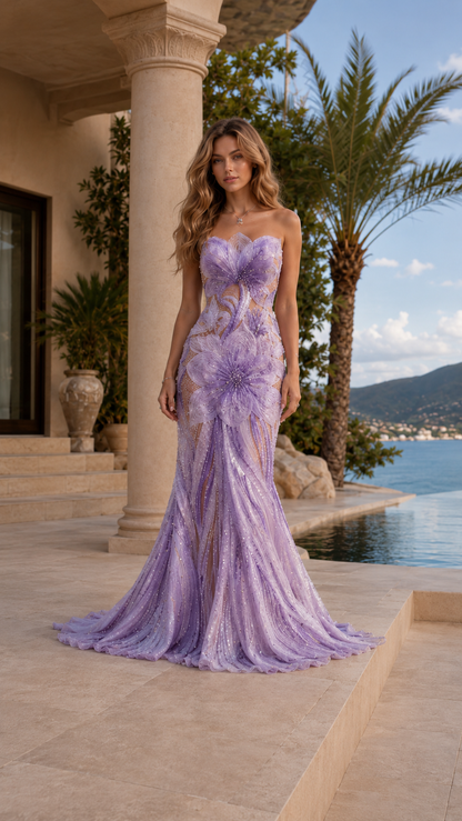 Lilac strapless floral appliqué evening gown with slim fit and sweeping hem