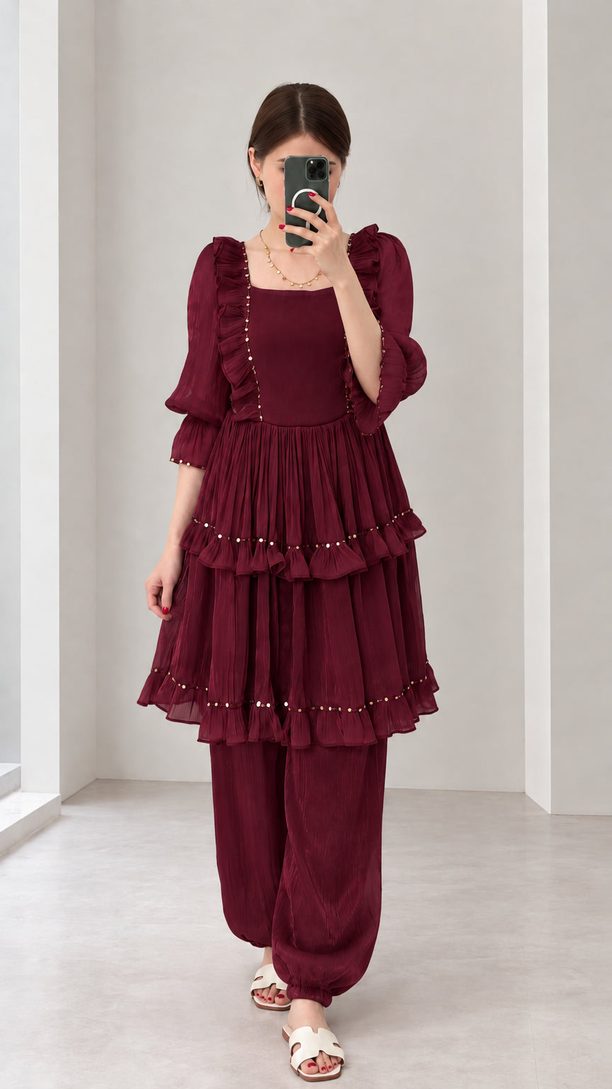 Front view of woman wearing Burgundy tiered ruffle tunic and matching pant outfit