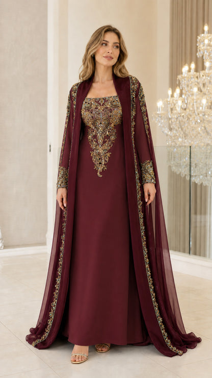 Model wearing Burgundy red embellished formal gown with matching flowing cape