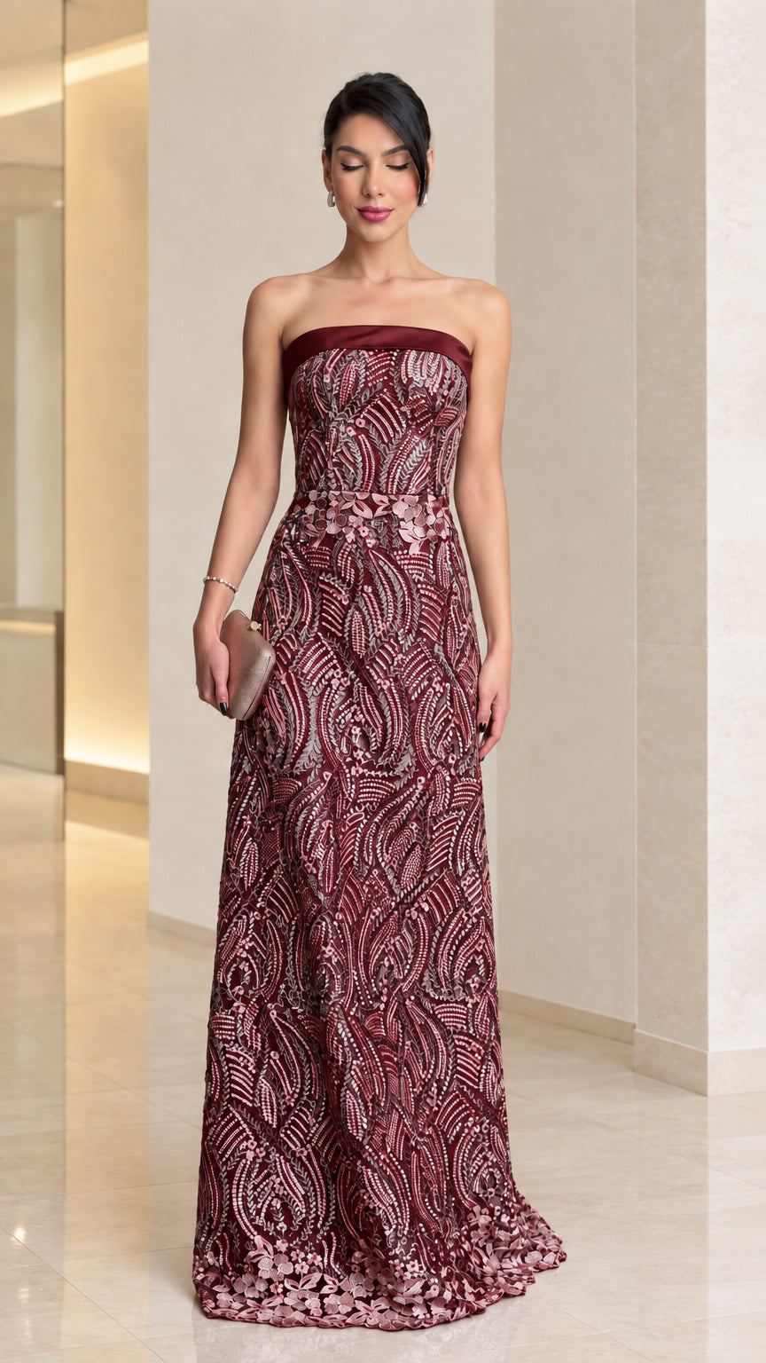 Burgundy wine embroidered strapless formal evening gown