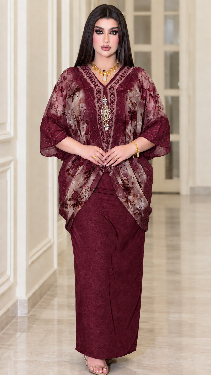Model wearing burgundy wine embellished chiffon kaftan maxi dress set
