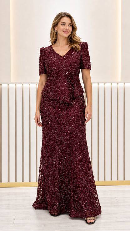 Front view of burgundy sequined embroidered peplum evening gown
