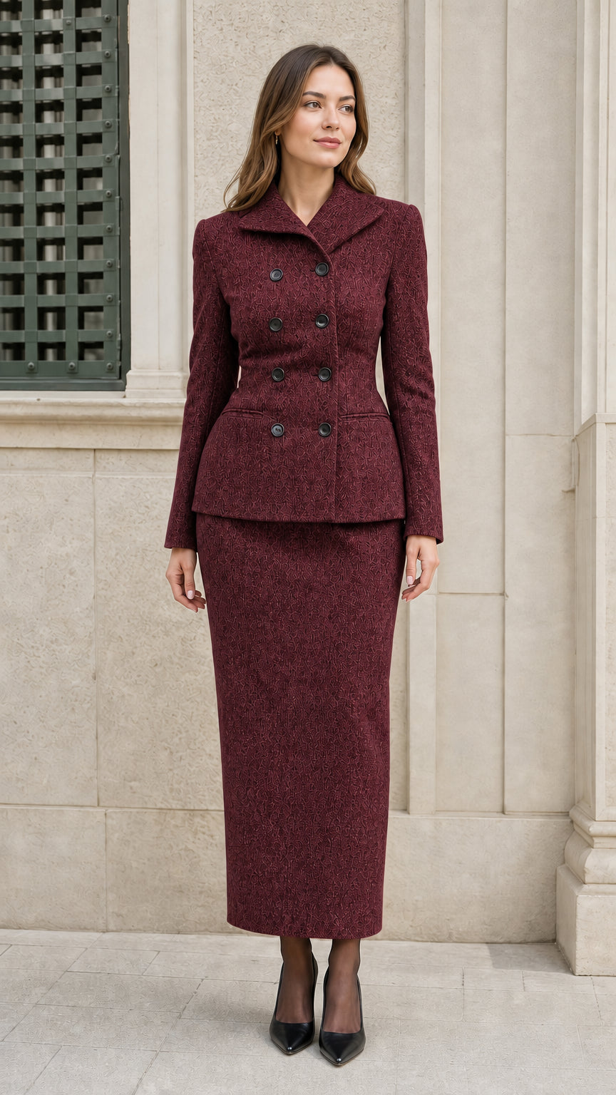 Woman wearing Burgundy double-breasted tweed blazer and column maxi skirt set