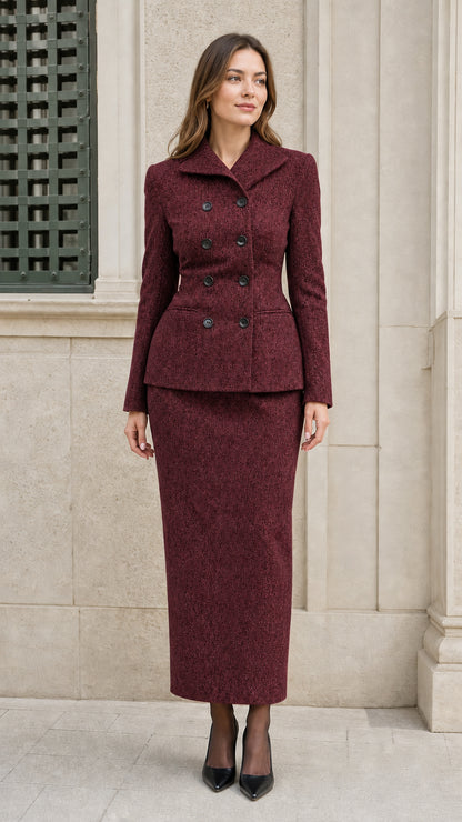 Woman wearing Burgundy double-breasted tweed blazer and column maxi skirt set