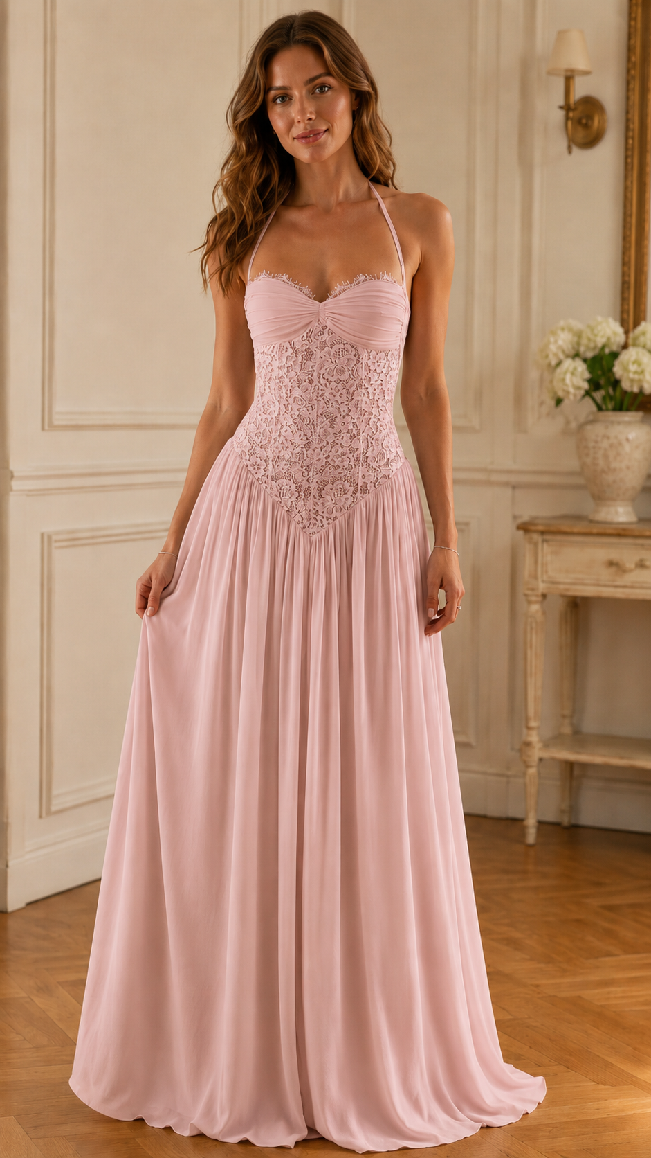 Front view of blush pink halter maxi dress with lace bodice and long skirt