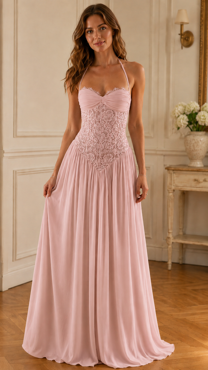 Front view of blush pink halter maxi dress with lace bodice and long skirt