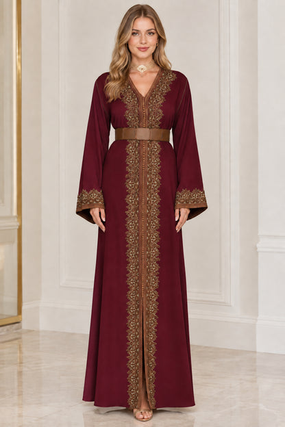 Burgundy wine red embroidered maxi caftan dress with belt