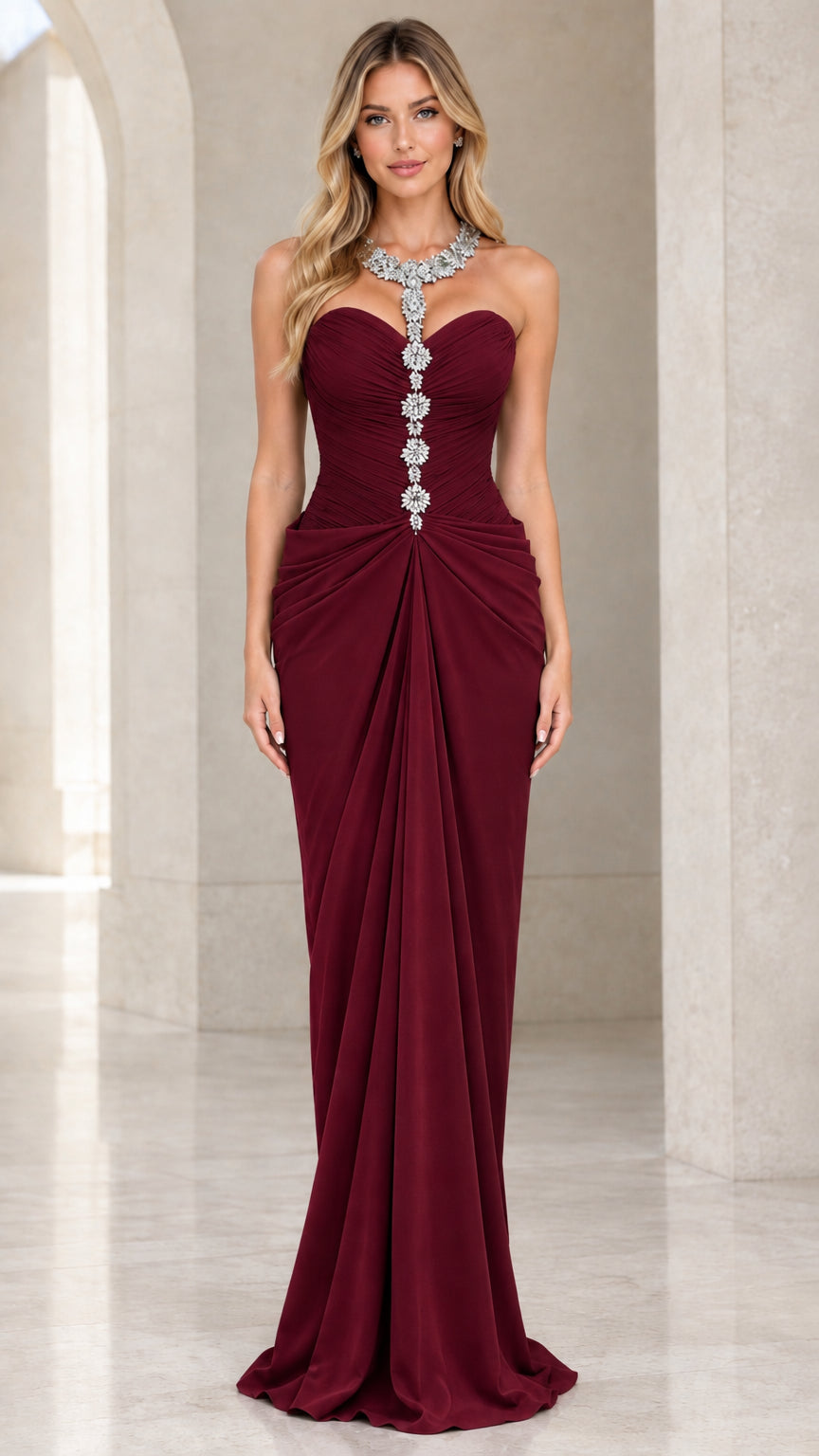 Full-length front view of the embellished sweetheart formal gown in burgundy