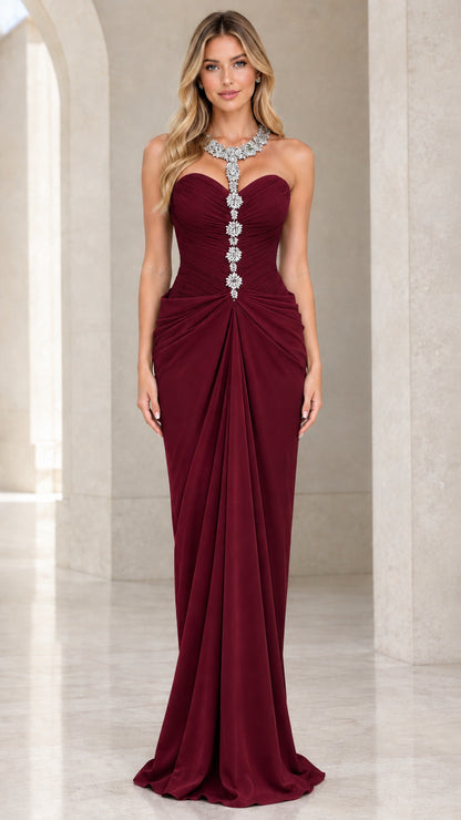 Full-length front view of the embellished sweetheart formal gown in burgundy