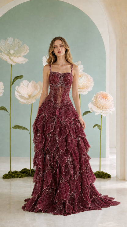 Burgundy wine beaded corset ball gown with tiered ruffle skirt