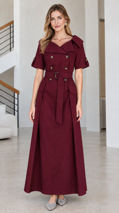 Front view of woman wearing burgundy wine short-sleeve belted trench maxi dress