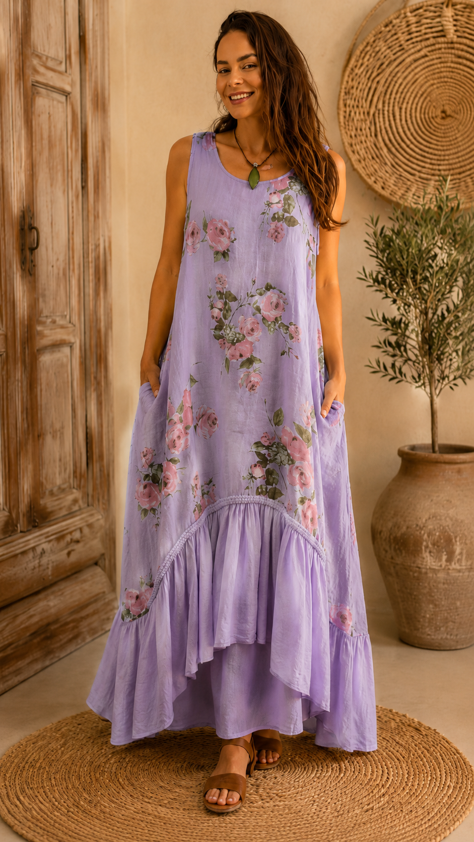 Front view of lavender floral sleeveless maxi dress with draped hem
