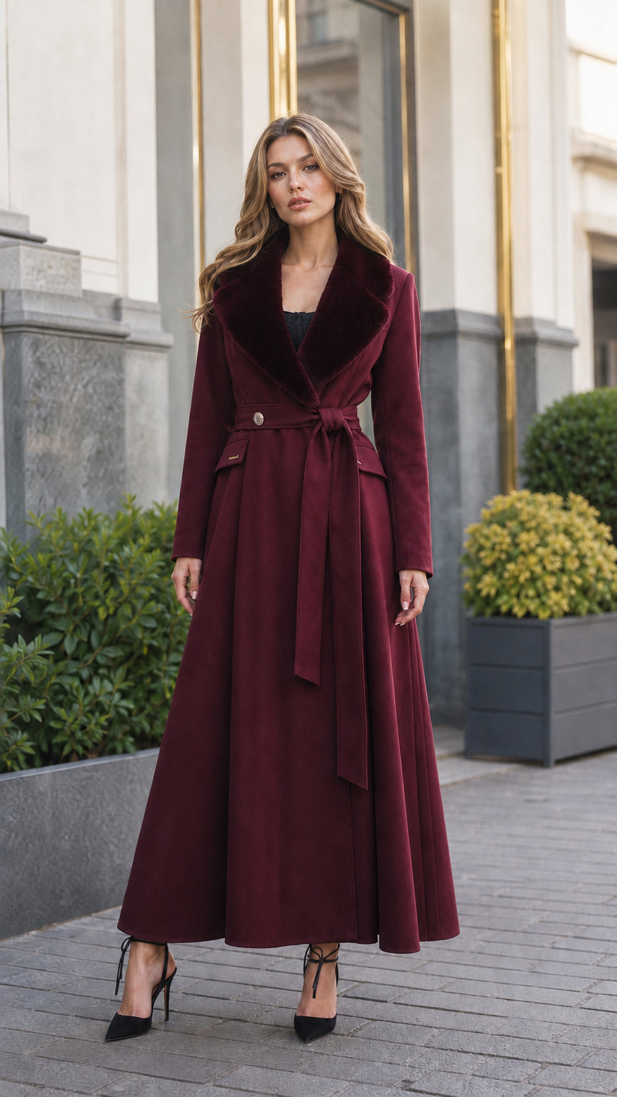 Model wearing rich burgundy wine red ankle-length coat with dark plush collar