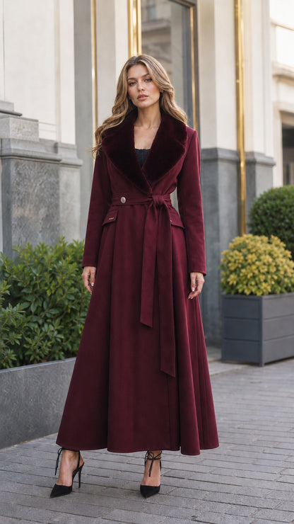 Model wearing rich burgundy wine red ankle-length coat with dark plush collar
