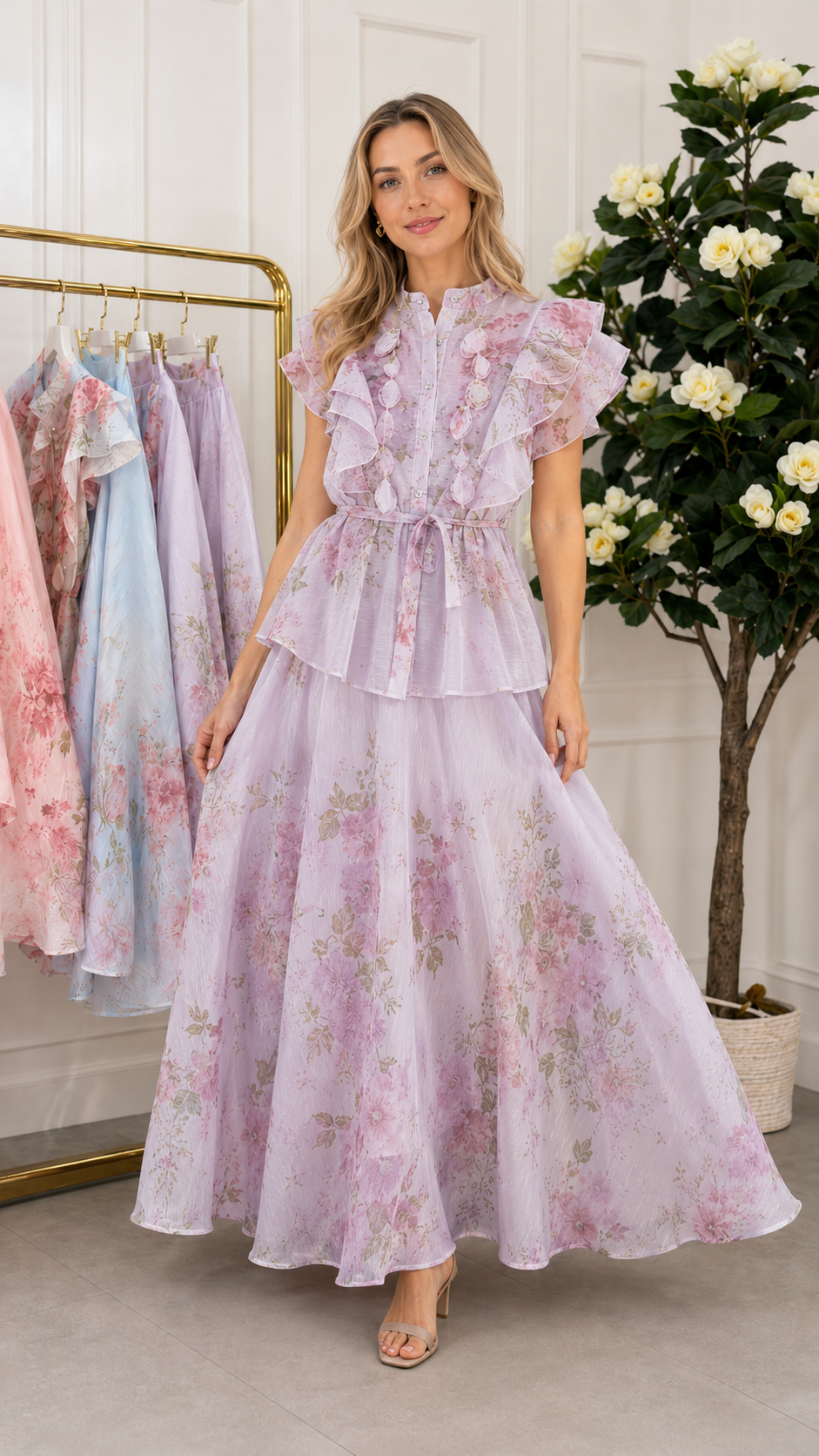 Front view of lavender floral maxi dress with ruffle details and maxi-length skirt