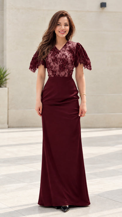 Model wearing burgundy wine floral lace maxi formal dress