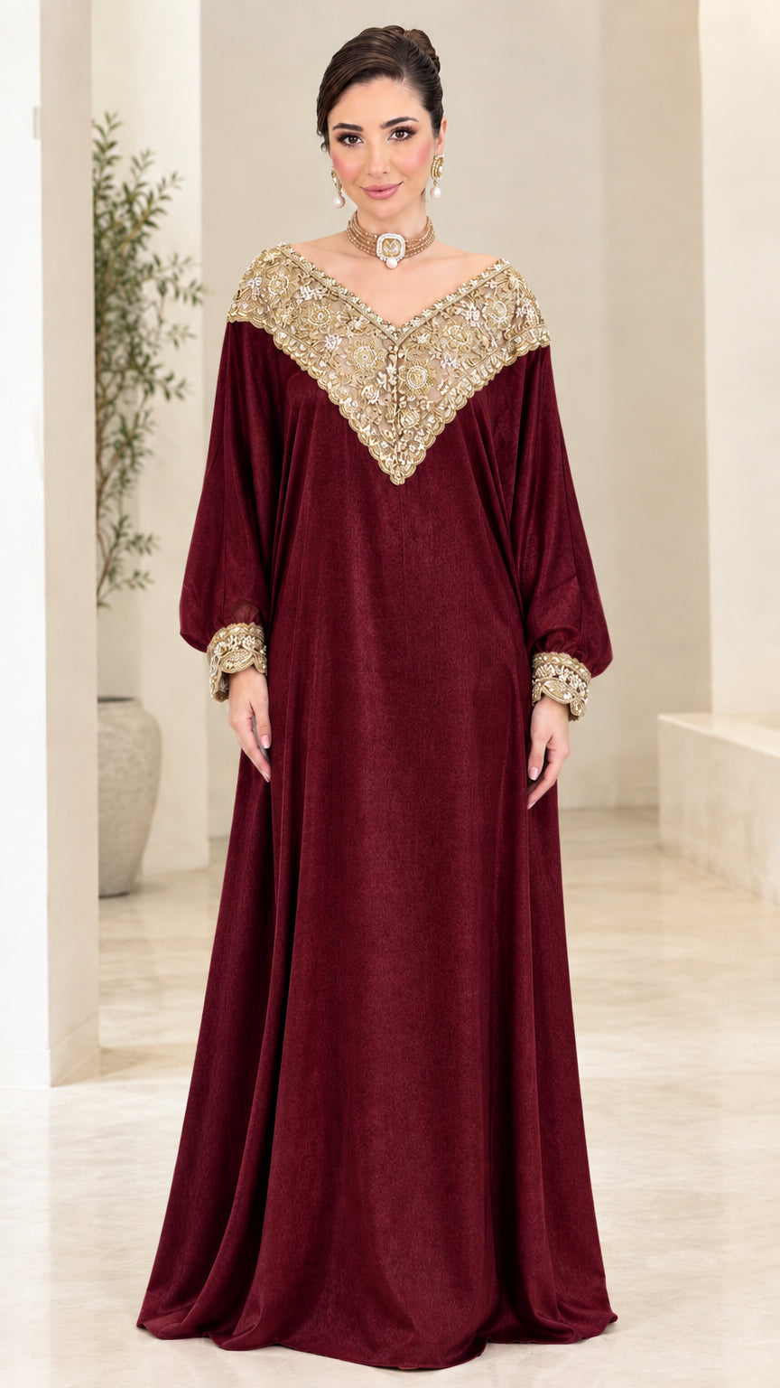 Front view of burgundy wine red kaftan maxi dress with gold embroidery