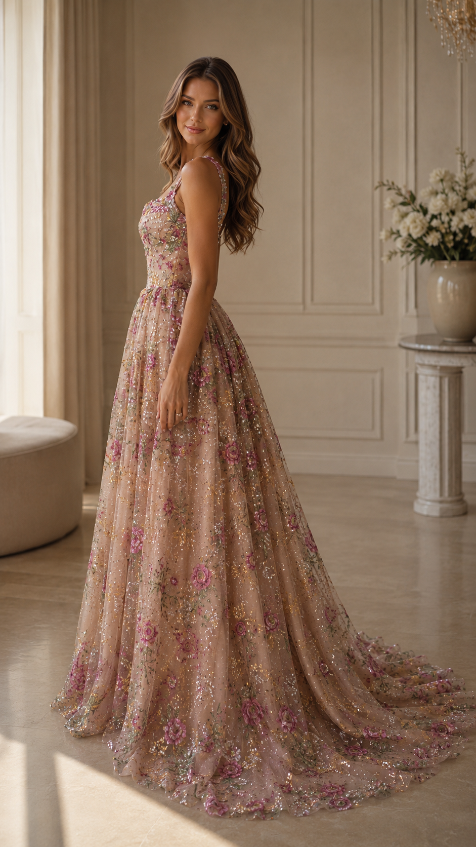 Blush pink floral glitter ball gown maxi dress side view