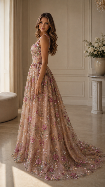 Blush pink floral glitter ball gown maxi dress side view