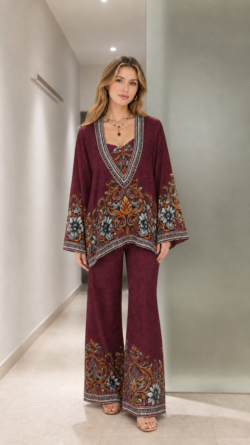 Front full-length view of burgundy wine baroque floral printed two-piece set