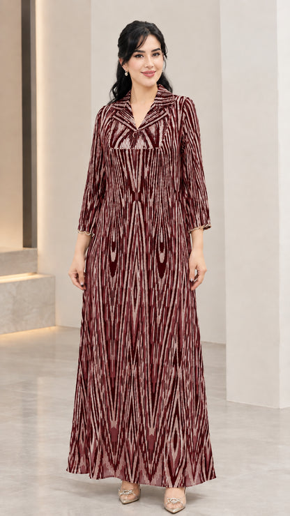 Burgundy wine red printed long sleeve maxi dress with sequin details
