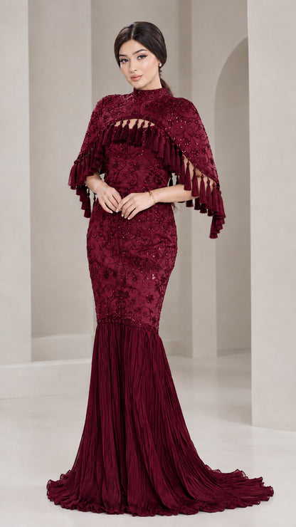 Front view of model wearing Burgundy wine red embroidered cape mermaid dress